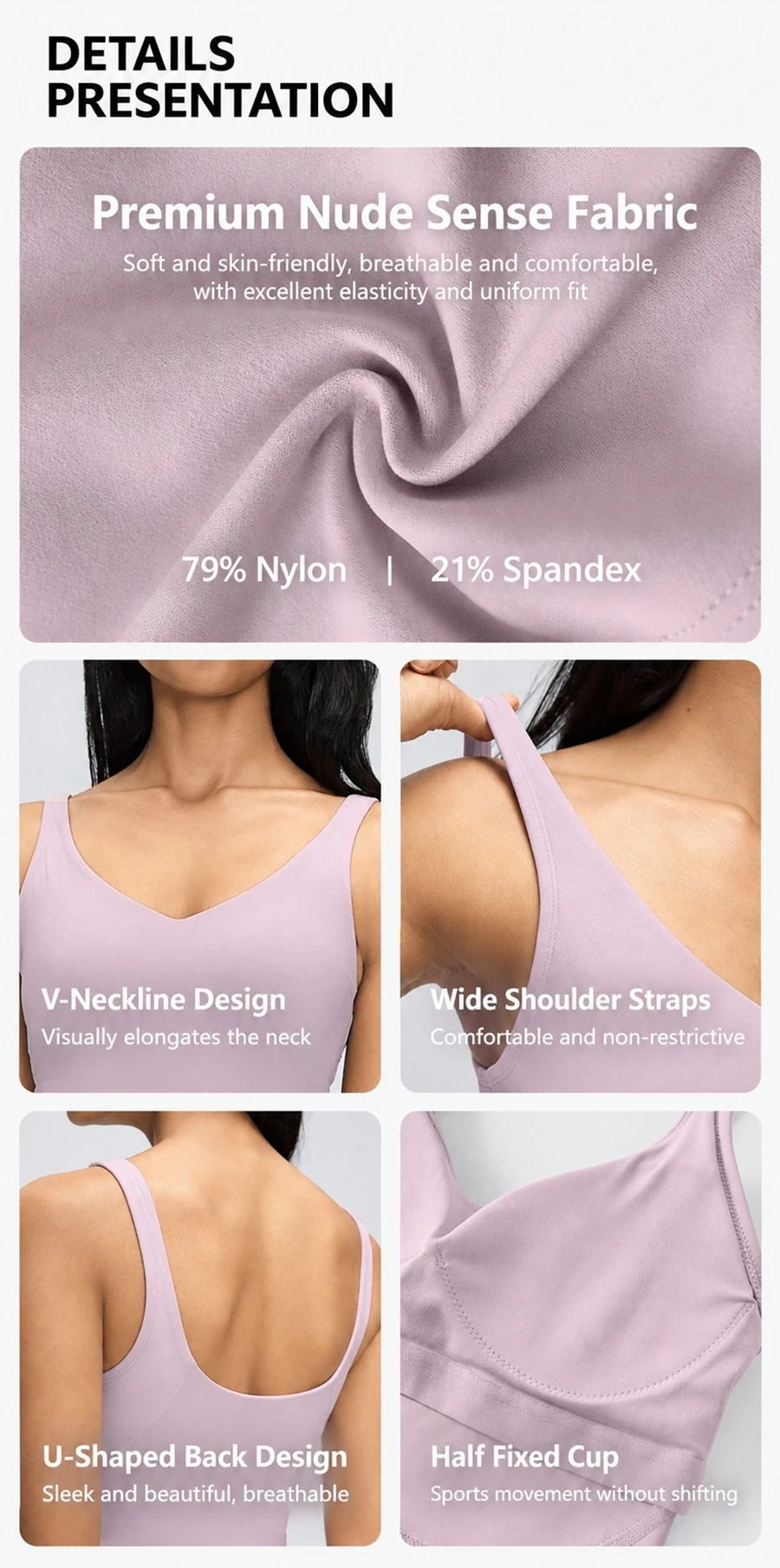 Women's padded sports bra with semi-fixed cups and high side coverage