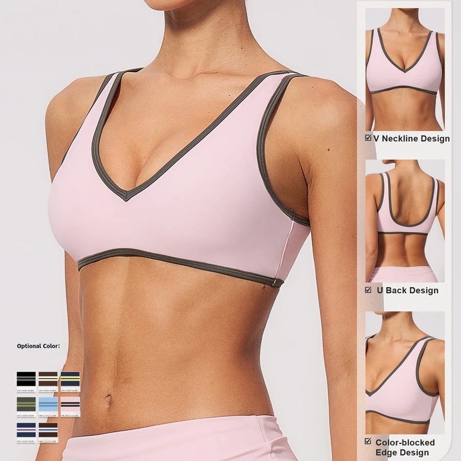 Women's V-neck contrast trim sports bra with open U-back-key features