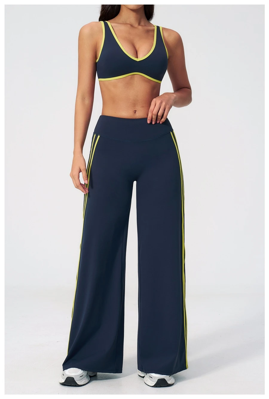 Front View for Women's V-neck sports bra with contrast trim-navy