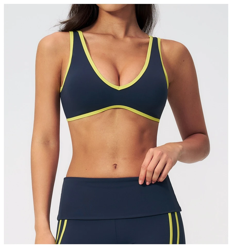 Front View for Women's V-neck sports bra with contrast trim-navy