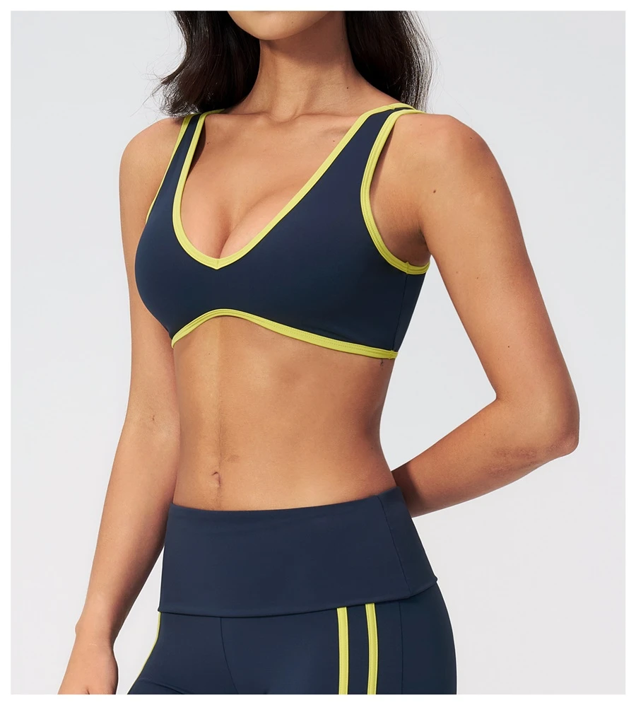 Side View for Women's V-neck sports bra with contrast trim-navy
