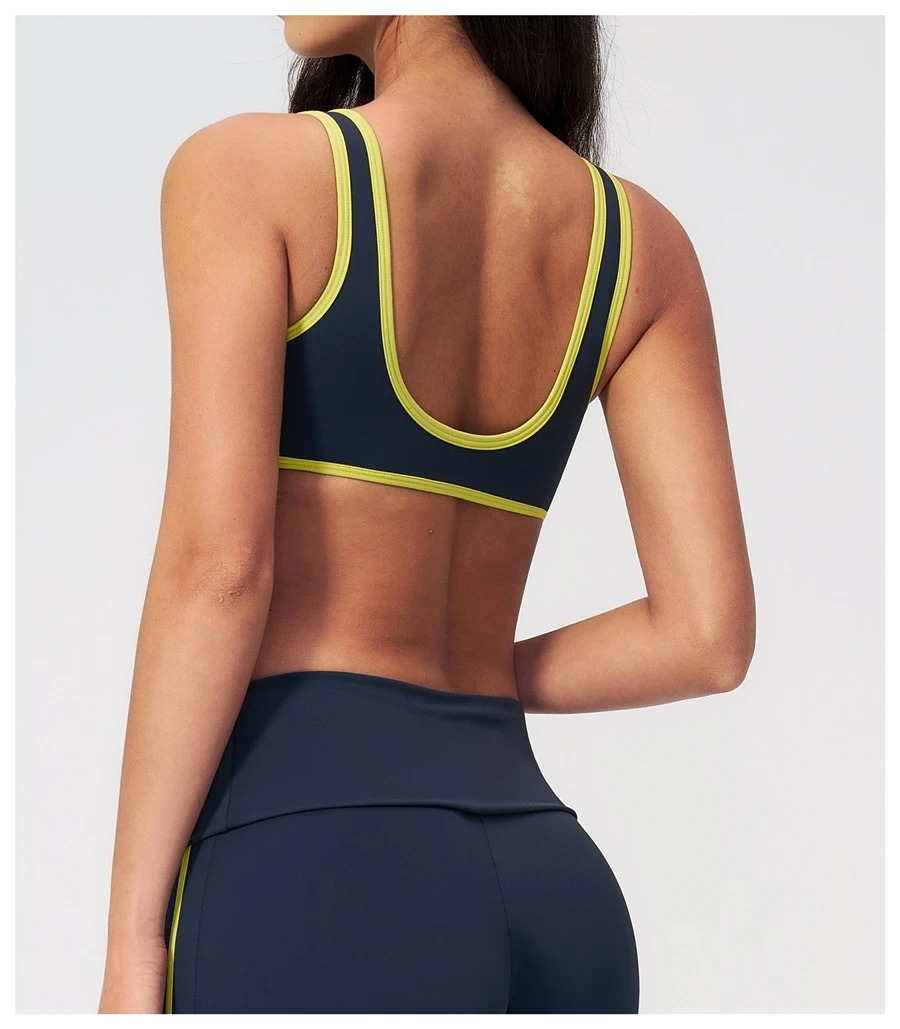 Back View for Women's V-neck sports bra with contrast trim-navy
