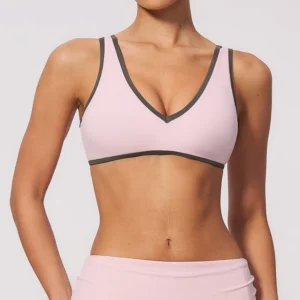Women's V-neck contrast trim sports bra with open U-back-pink