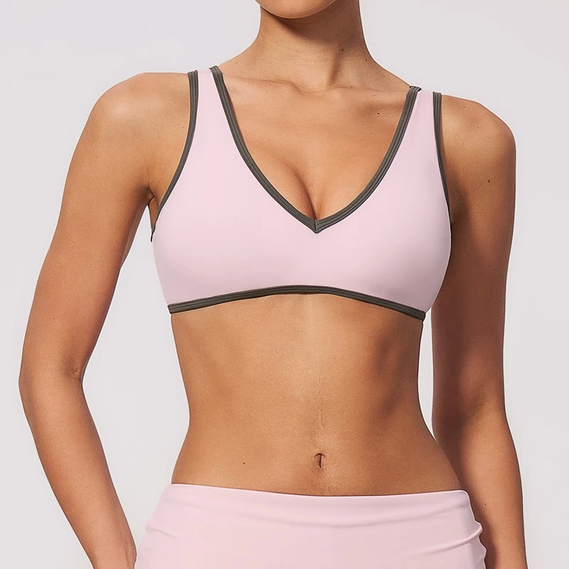 Women's V-neck contrast trim sports bra with open U-back-pink