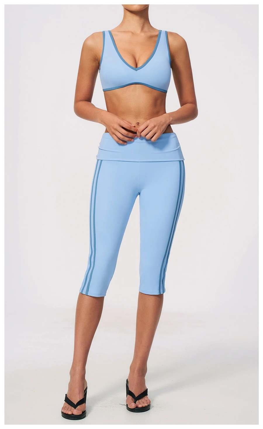 Front View for Women's breathable open-back workout bra for fitness-light blue