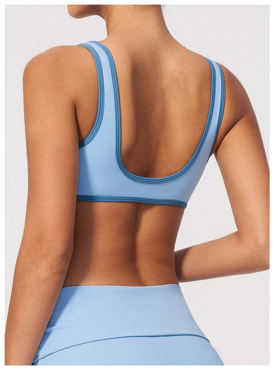 Back View for Women's breathable open-back workout bra for fitness-light blue