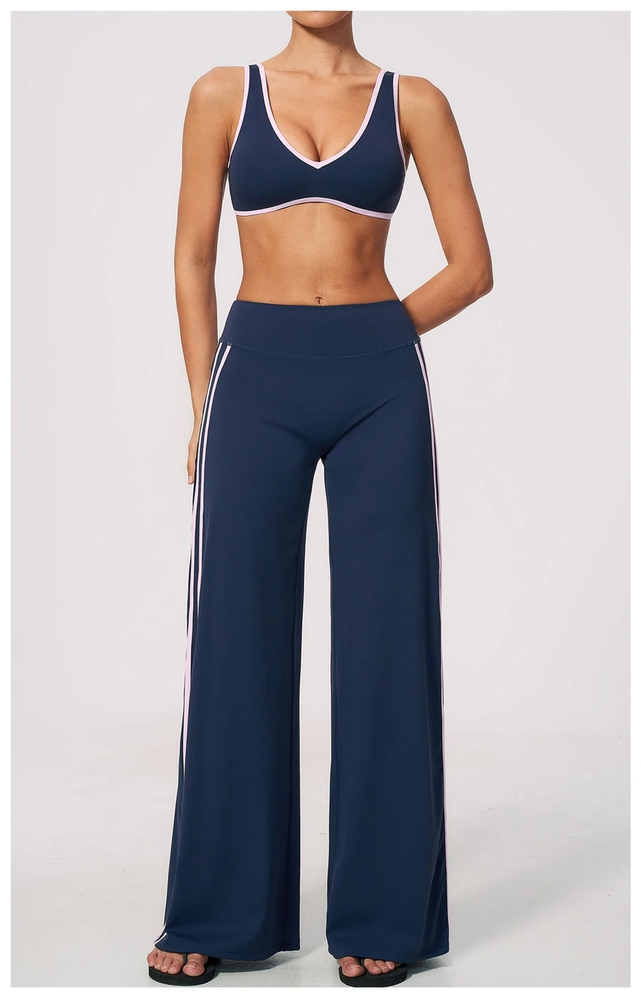 Front View for Open U-back yoga sports bra with removable pads-navy+pink