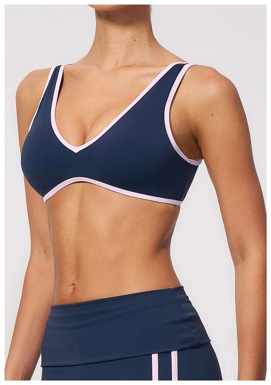 Side View for Open U-back yoga sports bra with removable pads-navy+pink
