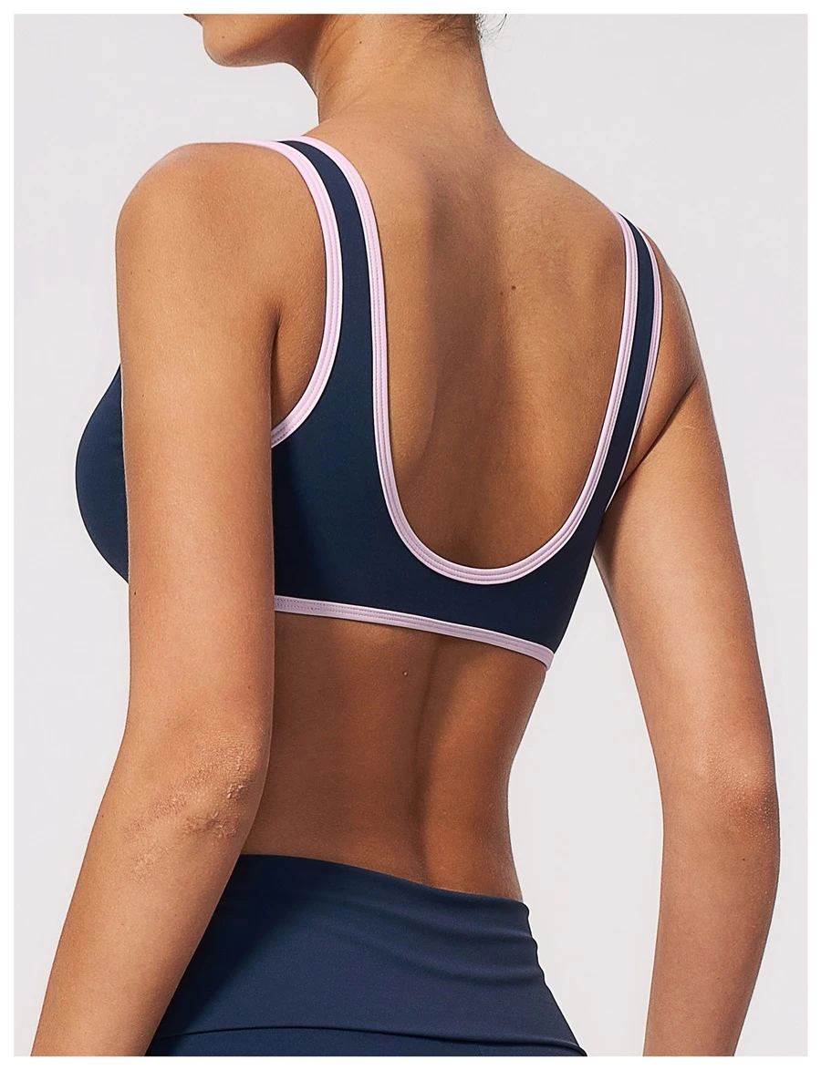 Back View for Open U-back yoga sports bra with removable pads-navy+pink