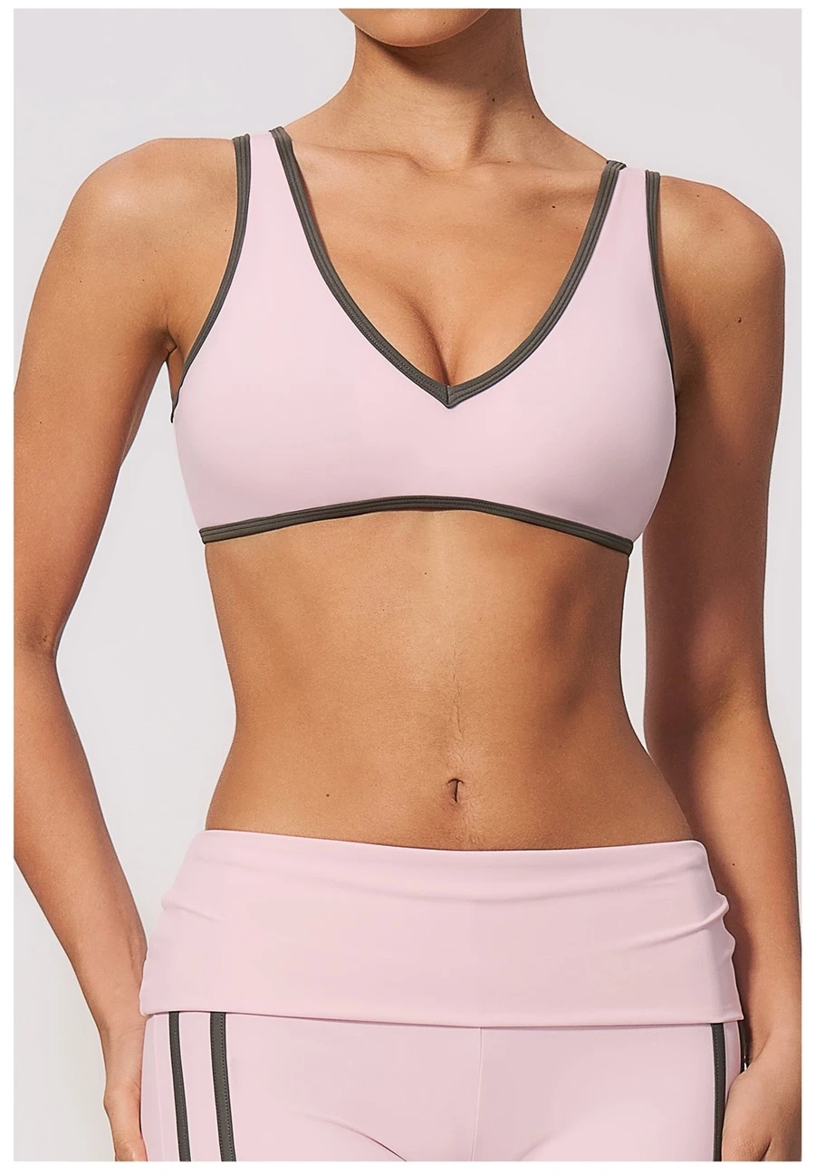 Front View for Women's V-neck contrast trim sports bra with open U-back