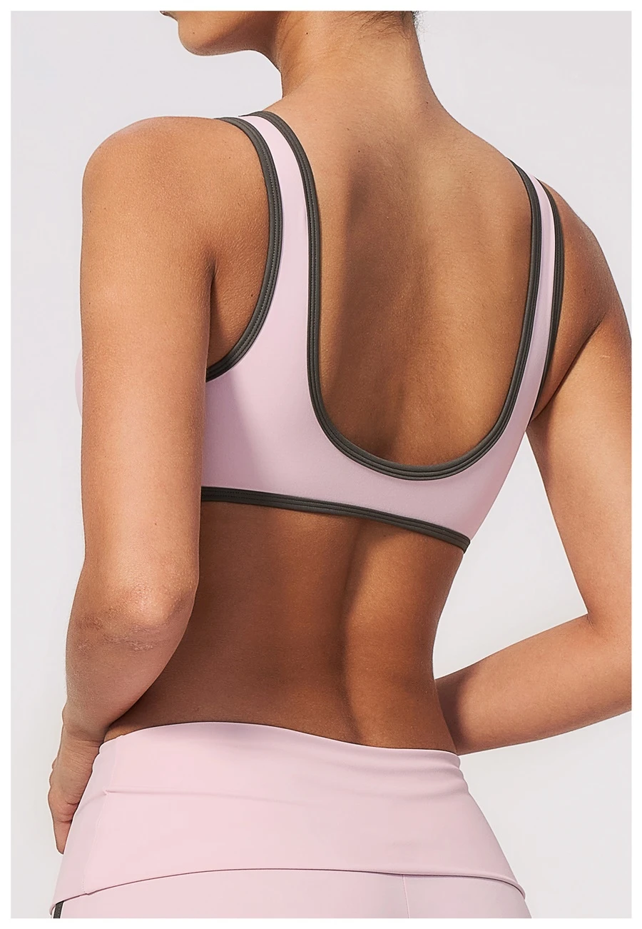 Back View for Women's V-neck contrast trim sports bra with open U-back