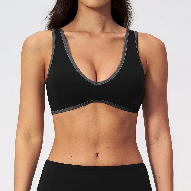 Women's V-neck contrast trim sports bra with open U-back