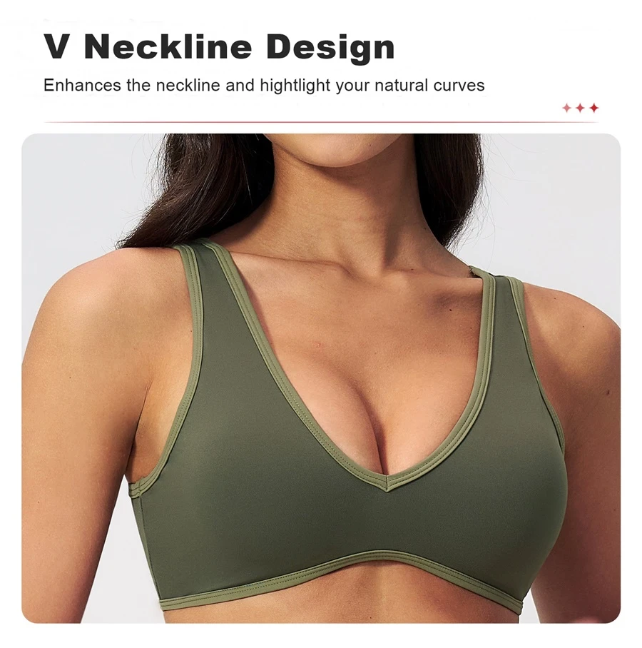 Women's V-neck yoga sports bra highlighting the collarbone
