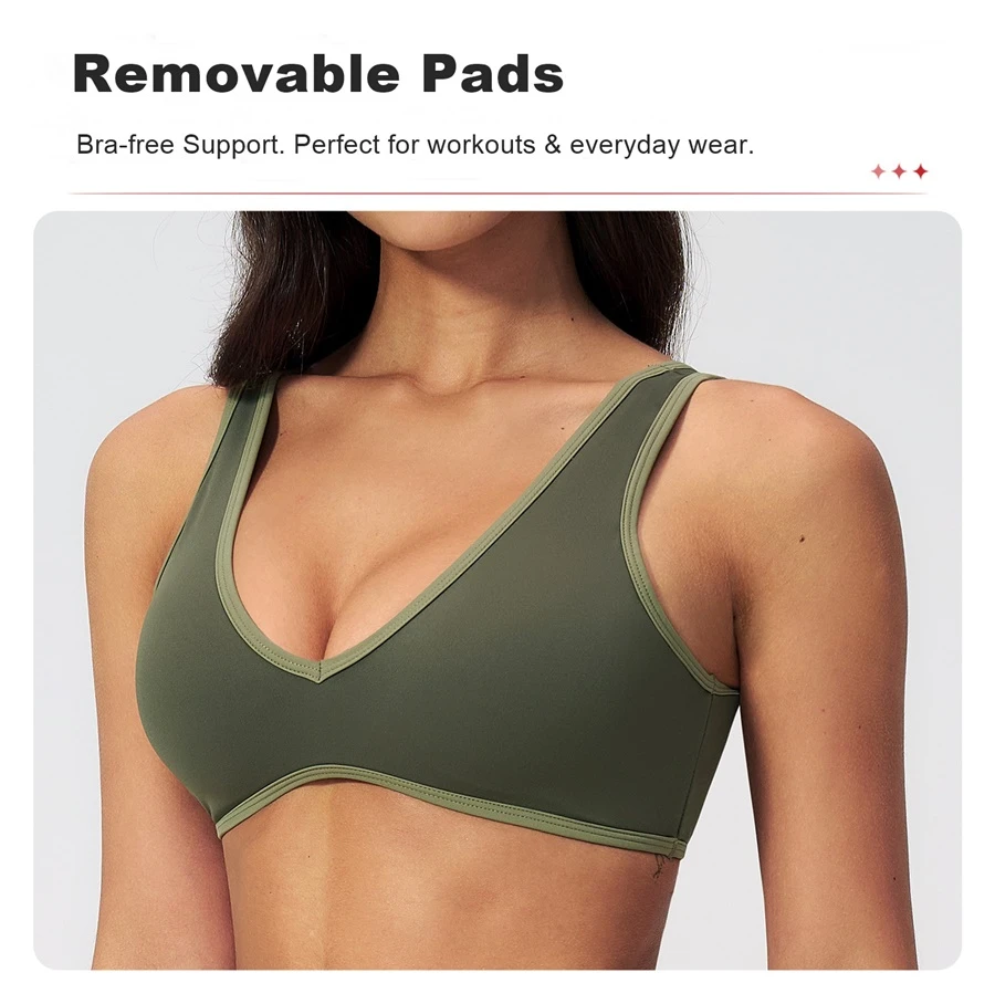 Women's contrast trim workout bra with removable padded cups