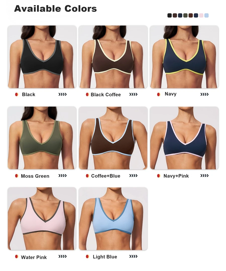 Women's V-neck contrast trim sports bra with open U-back-available colors