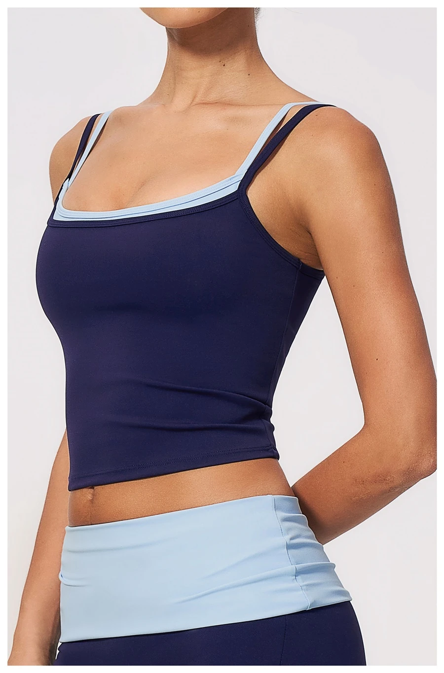 Side View for Women's contrast trim yoga tank top with removable pads