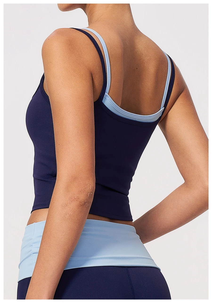 Back View for Women's contrast trim yoga tank top with removable pads