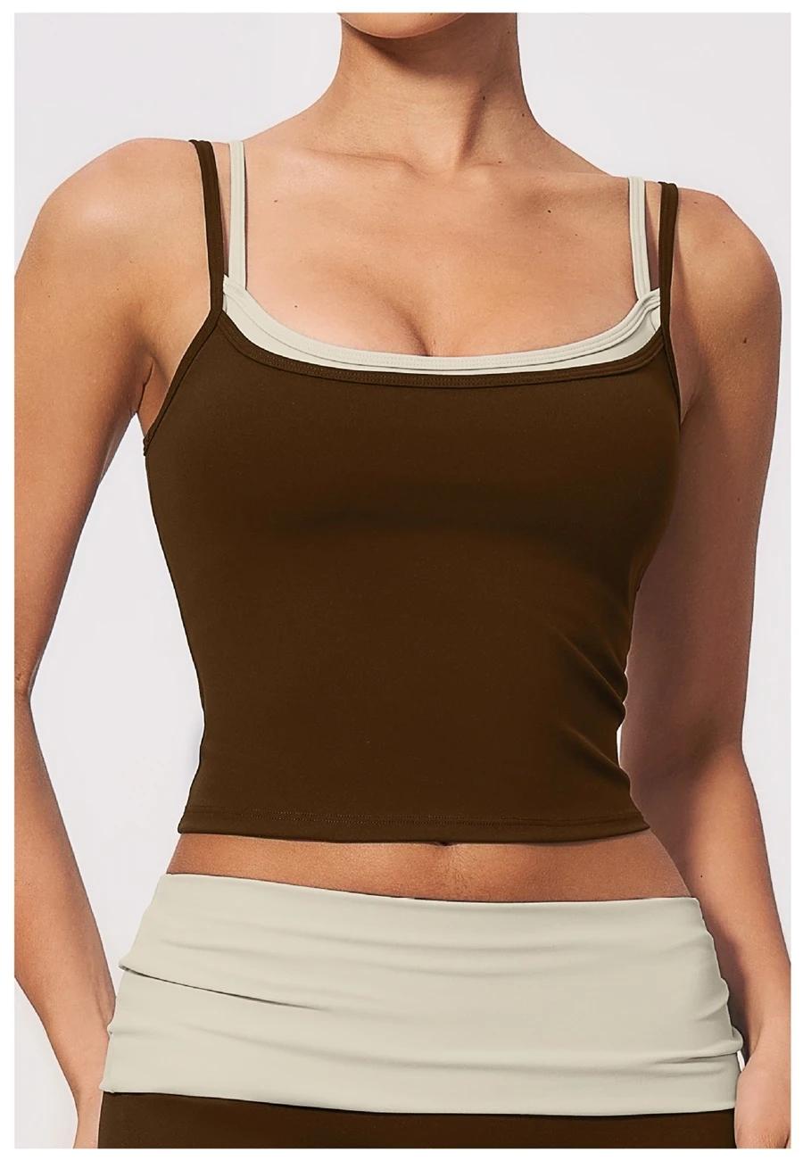 Front View for Faux layered workout tank top with contrast color neckline