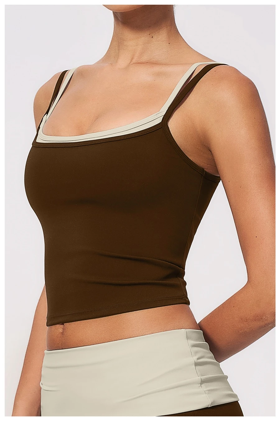 Side View for Faux layered workout tank top with contrast color neckline