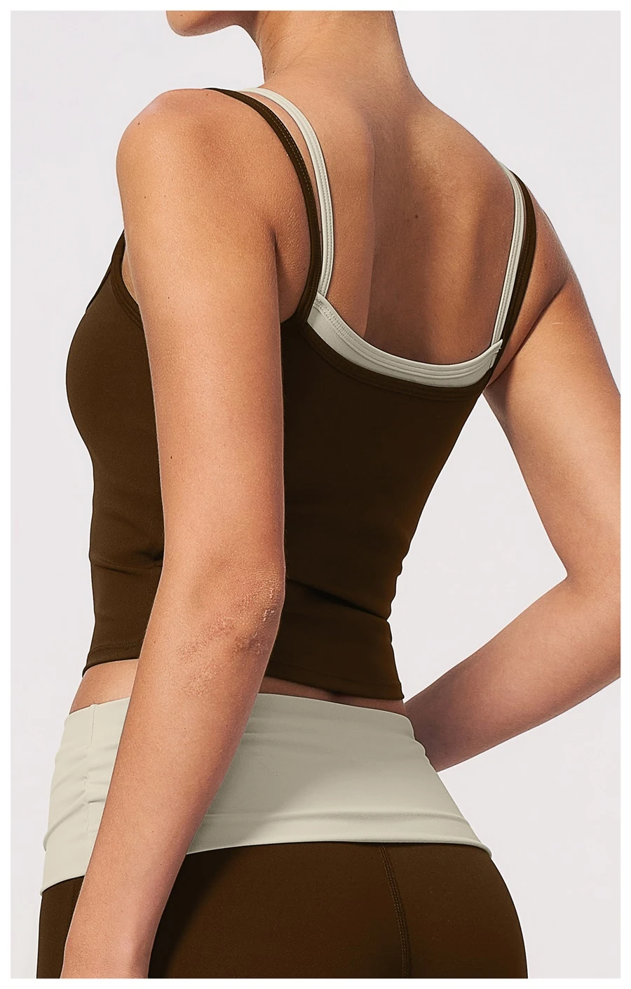 Back View for Faux layered workout tank top with contrast color neckline