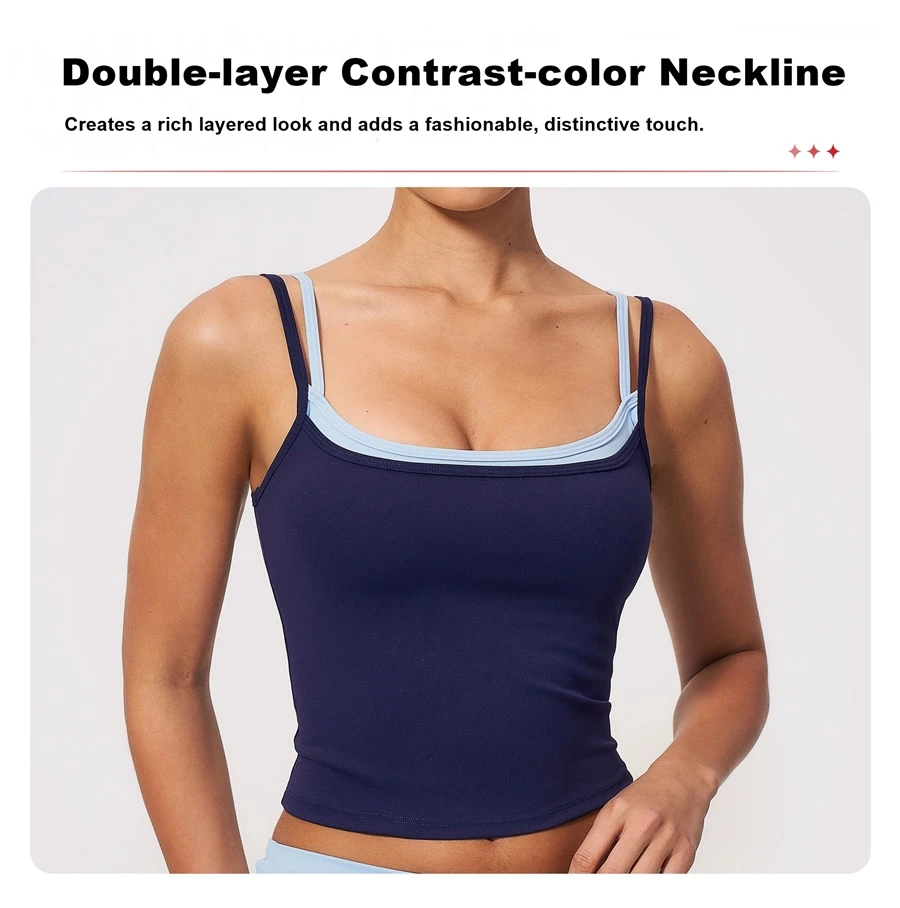 Double-layer contrast neckline on women's faux layered workout tank top