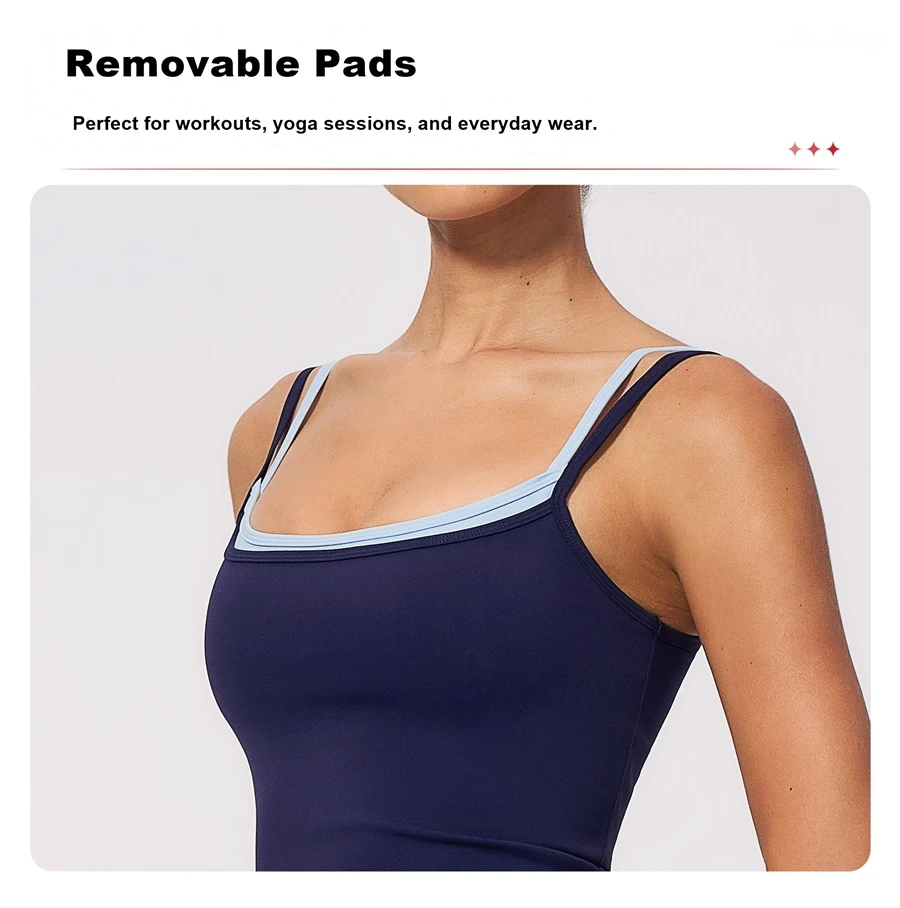 Women's padded yoga tank top with removable cups and four-way stretch fabric