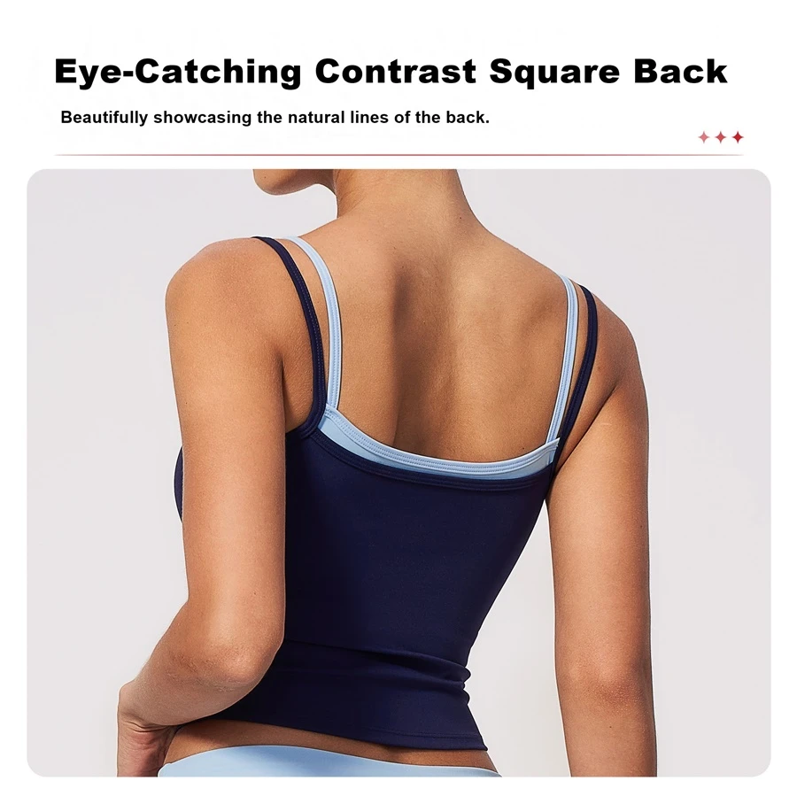 Women's contrast square open-back yoga tank top with faux layered design